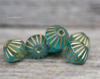 5332R 9mm Large Hole Aqua Gold Picasso Bicone Beads, 6 Beads, Large Hole Aqua Gold Picasso 9mm Bicone