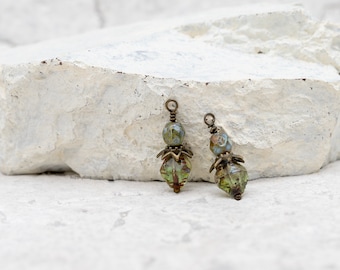 Antique Bronze Wire Wrapped Czech Glass Drop Charms. CHARM-41 (2 charms)