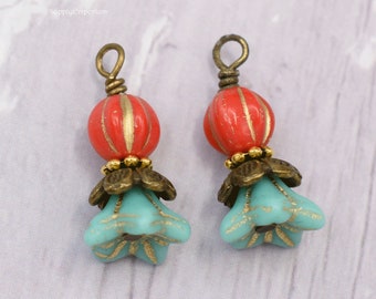 Antique Bronze Wire Wrapped Czech Glass Drop Charms. WW 59 (2 charms)