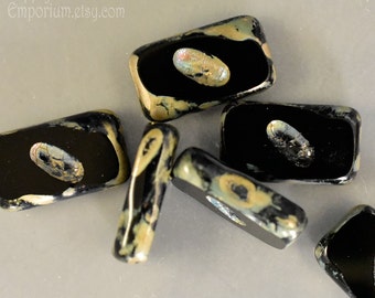 Czech Glass Carved Rectangle Beads - Black Picasso 20x12mm Rectangle Beads - 3147 (6 Beads)