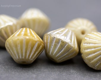 Czech Bicone, 11mm Tribal Bicone, Glass Bicone Bead, Yellow Ivory Mercury Bicone Bead, 15 beads (3771)