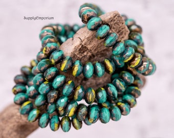 Czech Glass Rondelle - Faceted Bead -  Firepolish Rondelle - Aqua Green Turquoise 6x9mm Picasso Rondelle - 3466R (25 Beads)