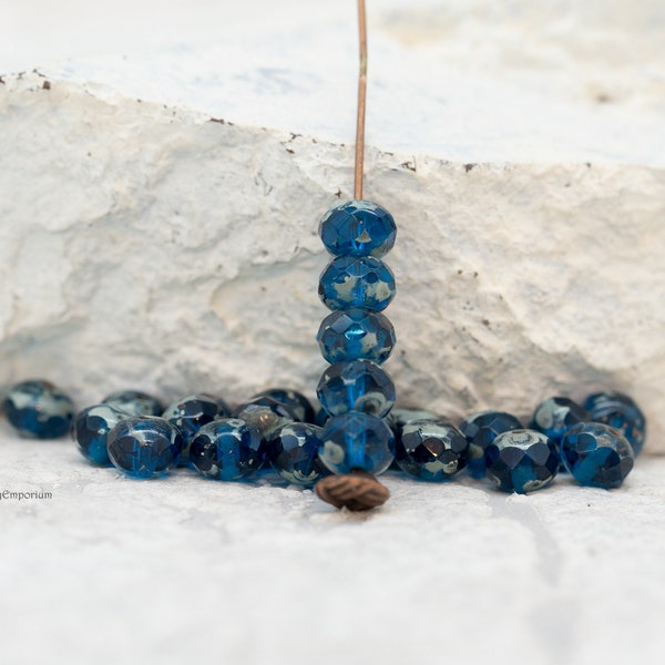 Czech Glass - Rondelle Beads - Picasso Rondelle Bead - 5x7mm - Capri Blue Picasso Rondelle Beads - 1348 (24 Beads)