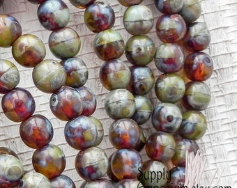 Round Beads, Czech Glass Beads, Druk Beads, 6mm, Smooth Round Bead, Turquoise Picasso Czech Glass Beads - 30 beads, 1844