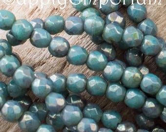 4362, 2mm Czech Glass Turquoise Bronze Picasso Fire Polished Faceted Round Beads - Turquoise Bronze Picasso 2mm Firepolished Round- 50 Beads