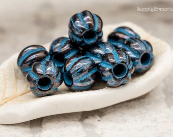 Czech Glass Beads, Large Hole Beads, Melon Beads, 8mm Beads, Round Beads, Black Bronze Turquoise Wash Melon Round Beads, 10 Beads, 6445RO-C1