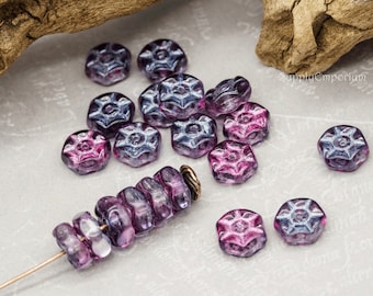 4860R  (20) - Czech Glass 8mm Transparent Amethyst with Metallic Blue/Pink Wash Flower Bead - 8mm Czech Glass Amethyst Coin Flower Bead