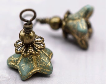 Antique Bronze Wire Wrapped Czech Glass Drop Charms. WW 43 (2 charms)