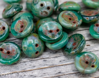4x8mm Sea Green Picasso Czech Concave Piggy Beads - aka Green Turquoise Picasso Piggy 2 Hole Beads, 3677R (25)