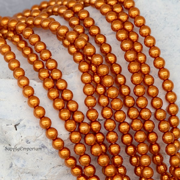 3283  (120) - 4mm Burnt Orange Czech Glass Pearl Beads, Burnt Orange 4mm Pearl Beads