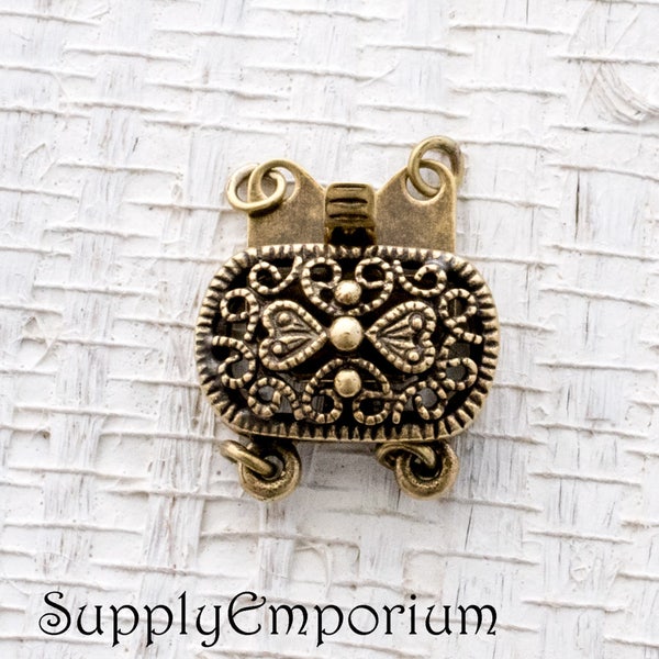 4653-F  (1 clasp) - 9x14 Oxidized Brass Box Clasp, Rounded Rectangle 2 Strand Antique Brass Box Clasp