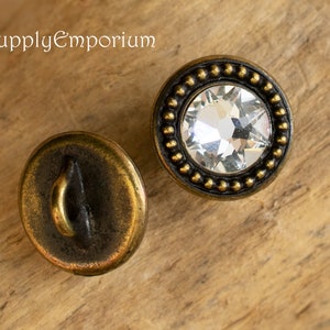 6407B, 12mm TierraCast Metal Shank Brass Oxide Beaded Bezel with Swarovski Rhinestone Button, 1 Button