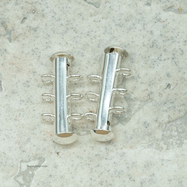 Jewelry Clasp, Vertical Loop Slide Lock Clasp, 3 Strand Silver Plated 21mm Clasp, 2 Clasps, 6274F