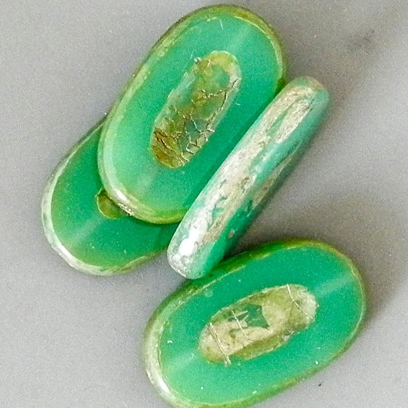 Czech Picasso Oval, Focal Bead, Green Picasso Carved Oval 26mm Picasso Oval, Czech Glass Bead, 4 beads, 1365 image 3