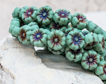 Czech Flower Bead, Hawaiian Flower, Glass Bead, Hibiscus Flower, Tea Green AB 9mm Hibiscus Flower, 2487R, 16 Beads