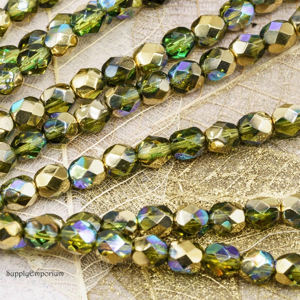 6mm Czech Glass Firepolish Round, Faceted Round, Olive Gold Rainbow 6mm Fire Polish Round Bead - 3928RR (25 Beads)