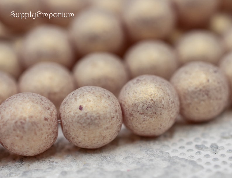 Round Beads, Czech Glass Beads, Druk Beads, 8mm, Smooth Round Bead, Sueded Gold Milky Pink Druk Round Beads, 25 Beads, 5114R-S5 image 2