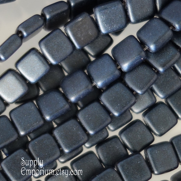 Metallic Suede Dark Blue CzechMates Two Hole Tile Beads, Dark Blue Metallic Tile, Metallic Blue CM 2-hole Tile Beads, 3594 (25 beads)