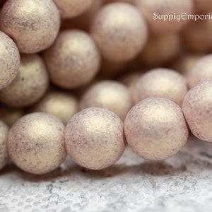 Round Beads, Czech Glass Beads, Druk Beads, 8mm, Smooth Round Bead, Sueded Gold Milky Pink Druk Round Beads, 25 Beads, 5114R-S5 image 1