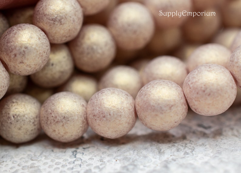 Round Beads, Czech Glass Beads, Druk Beads, 8mm, Smooth Round Bead, Sueded Gold Milky Pink Druk Round Beads, 25 Beads, 5114R-S5 image 1