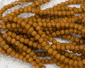 3mm Brown Wash Yellow Gold Czech Melon Round Bead, 50 beads (6504R)