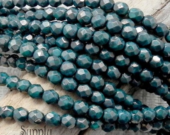Round Beads, Fire Polish Round, Czech Glass 6mm Firepolished Round Beads, Moon Dust Turquoise Green 6mm Round, 25 beads, 2285