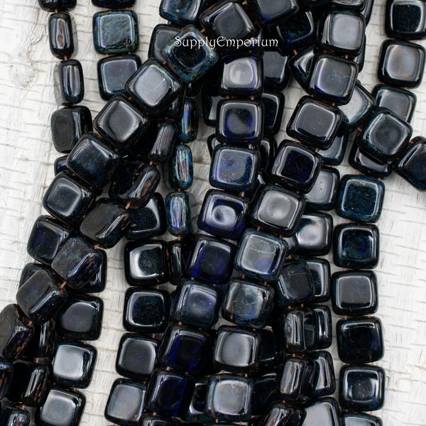 Tile Beads, 2 Hole Tile, Czech Glass Tile Beads, CzechMates Cobalt Picasso Tile, 3586 (25)