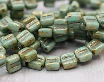 Czech Glass GROOVY Tile Beads - Two Hole Turquoise Blue Picasso Groovy Tile 6mm 2 Hole Tile, 2554 (30)