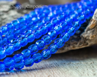 Round Beads, Fire Polished Round Beads, Czech Glass Sapphire Blue 4mm Firepolish Round Beads, 2685RR  (50)