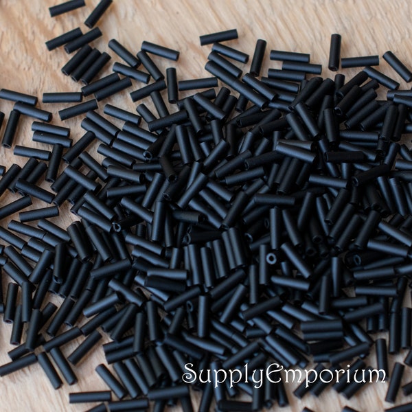 3664R  (10g) Miyuki 6mm Matte Jet Bugle Beads, Miyuki Matte Black 6mm Bugle Beads, Miyuki 401F Black Bugle