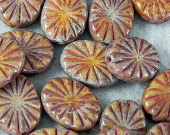 850 - 18x14mm Carved Oval Czech Glass Bead - Sienna Picasso - 4 beads