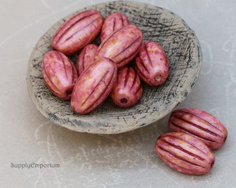 5692RR  (10) Czech 14x8mm Pink With Metallic Burgundy Wash Olive Melon Beads, aka Dark Rose Pink Olive Melon Beads