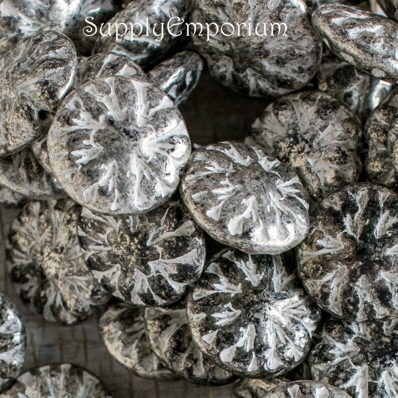 Czech Flower Bead, Dahlia Flower, Flower Coin Glass Bead, Antique Silver 14mm Flower Bead, 3799, 10 beads image 2