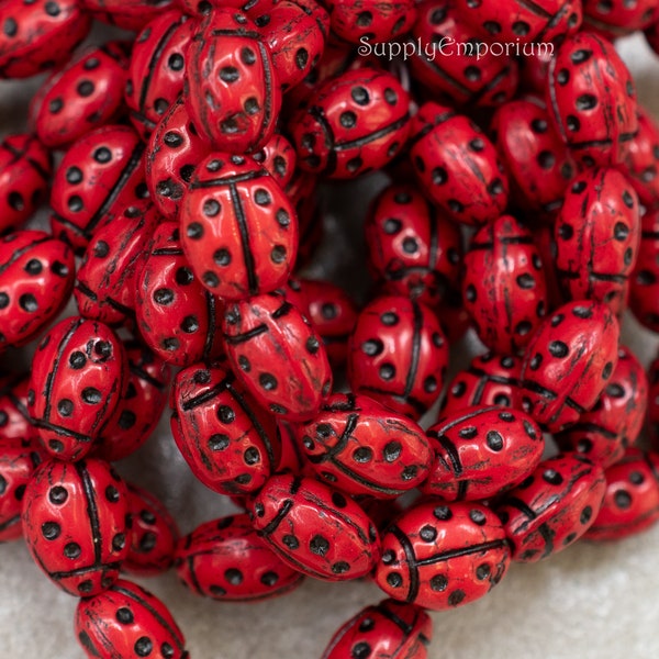 5501R - 7x9mm Czech Glass Ladybug Beads - Red and Black Lady Bug Beads - 12 Beads