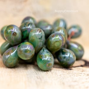 Czech Sea Green Picasso Drop Beads - 9x6mm Drop Beads - 25 beads (1090RR)