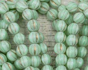 6mm Czech Mint With Gold Wash Melon Round Bead, Mint Gold 6mm Melon Round Beads, 6443  (25 beads)