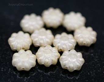 Czech Flower Beads, Cactus Flower Bead, Czech Yellow Ivory Mercury 9mm Cactus Bead - Yellow Ivory Mercury 9mm Flower Beads, 3425R, 25 Beads