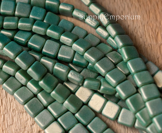 Tile Beads, 2 Hole Tile, Czech Glass Tile Beads, CzechMates Sueded Gold  Turquoise Tile Beads, 5142R (25)