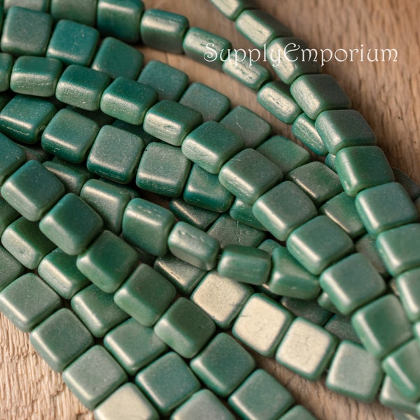 Tile Beads, 2 Hole Tile, Czech Glass Tile Beads, CzechMates Sueded Gold Turquoise Tile Beads, 5142R (25)