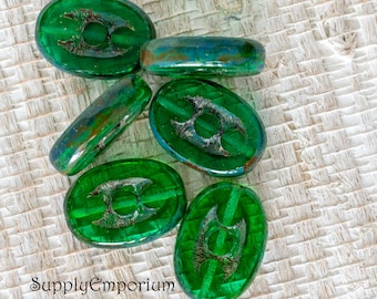 5490 (6)   - Czech Glass Emerald Picasso 18x12mm Oval Beads - Emerald Picasso 12x18mm Oval