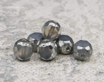 4411R - (6) Czech Grey with Silver 8mm Table Cut Round Beads, aka Cut Away Milky Gray with Metallic Silver Round Beads