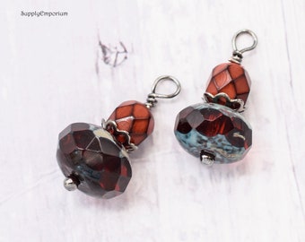 Gunmetal Wire Wrapped Czech Glass Drop Charms. CHARM 51 (2 charms)