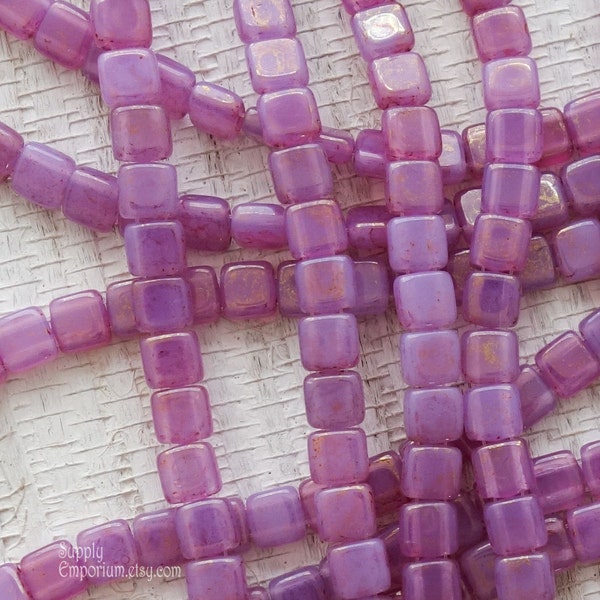 2772, Pink Topaz Luster Milky Alexandrite 6mm CzechMates 2 Hole Tile Beads, 25 Beads, Pink Topaz Luster Milky Alexandrite Two Hole Tile