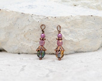 Antique Copper Wire Wrapped Czech Glass Drop Charms. CHARM-5 (2 charms)