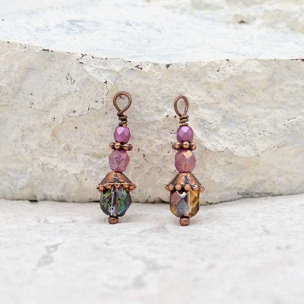 Antique Copper Wire Wrapped Czech Glass Drop Charms. CHARM-5 (2 charms)