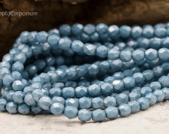 1473, 4mm Blue-Gray Luster Fire Polished Faceted bead - Czech Glass Blue Gray Luster Firepolish Round Beads - 50 beads