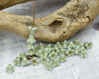 Tiny 5x6mm Mint With Gold Wash Czech Glass Bell Flower Beads - 30 beads (7328W)