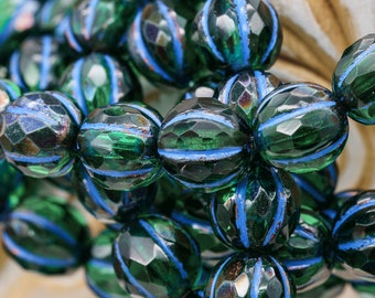 Round Beads, Melon Beads, 8mm Cobalt Washed Emerald Melon Round Bead, Emerald Melon Bead With Cobalt Wash, 5827R, 12 Beads