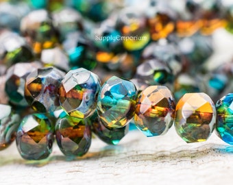 Czech Firepolish Rondelle Beads - Faceted Rondelle Beads - Teal Topaz Picasso 6x8mm Fire Polish Rondelle - 2982R (25 Beads)