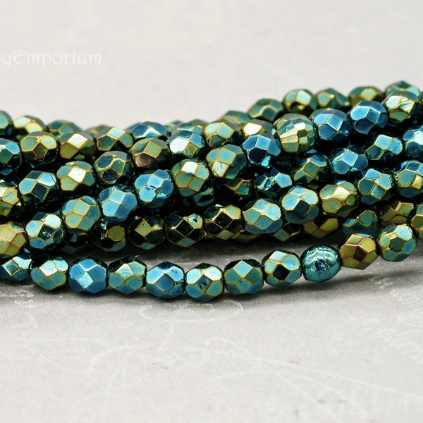 1262 (50) - 4mm Czech Glass Iris Green Round Firepolished Faceted Beads - 4mm Green Iris Fire Polished Round Beads